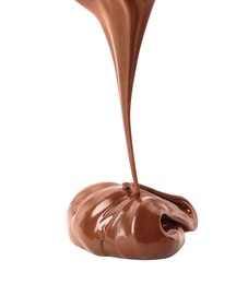 Photo of Pouring sweet chocolate cream on white background