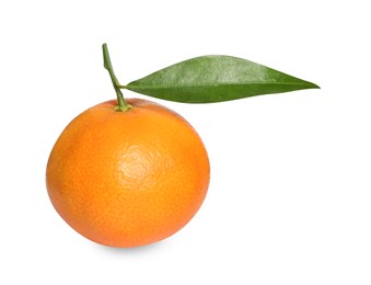 Photo of One fresh tangerine with green leaf isolated on white