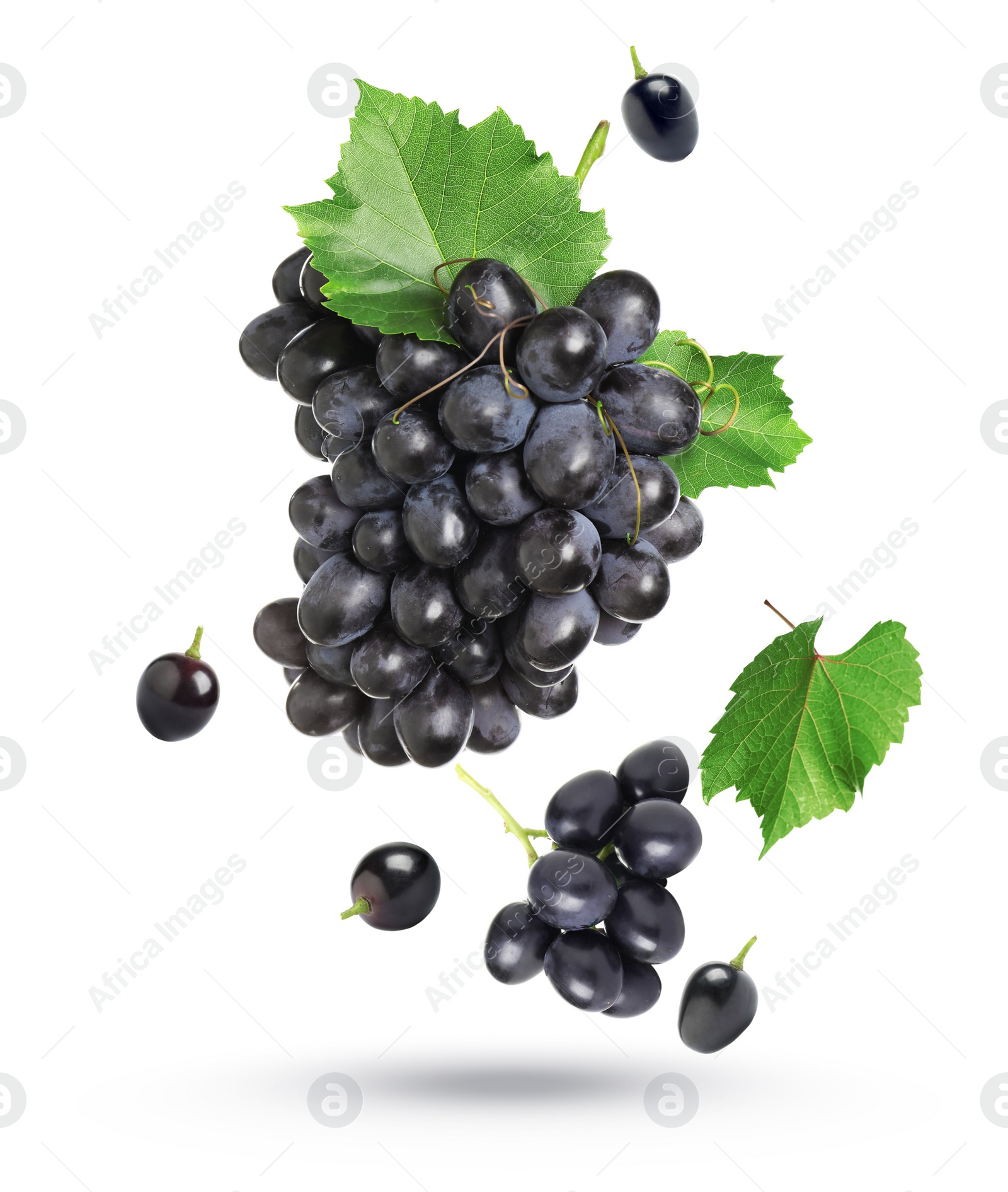 Image of Fresh ripe grapes with green leaves falling on white background