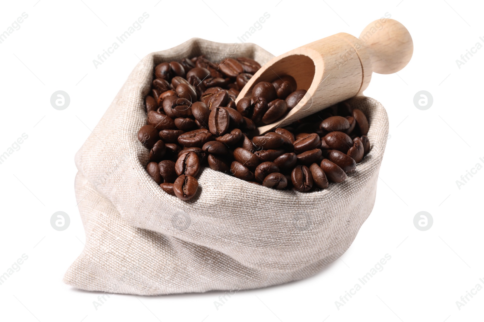 Photo of Bag and wooden scoop with roasted coffee beans isolated on white