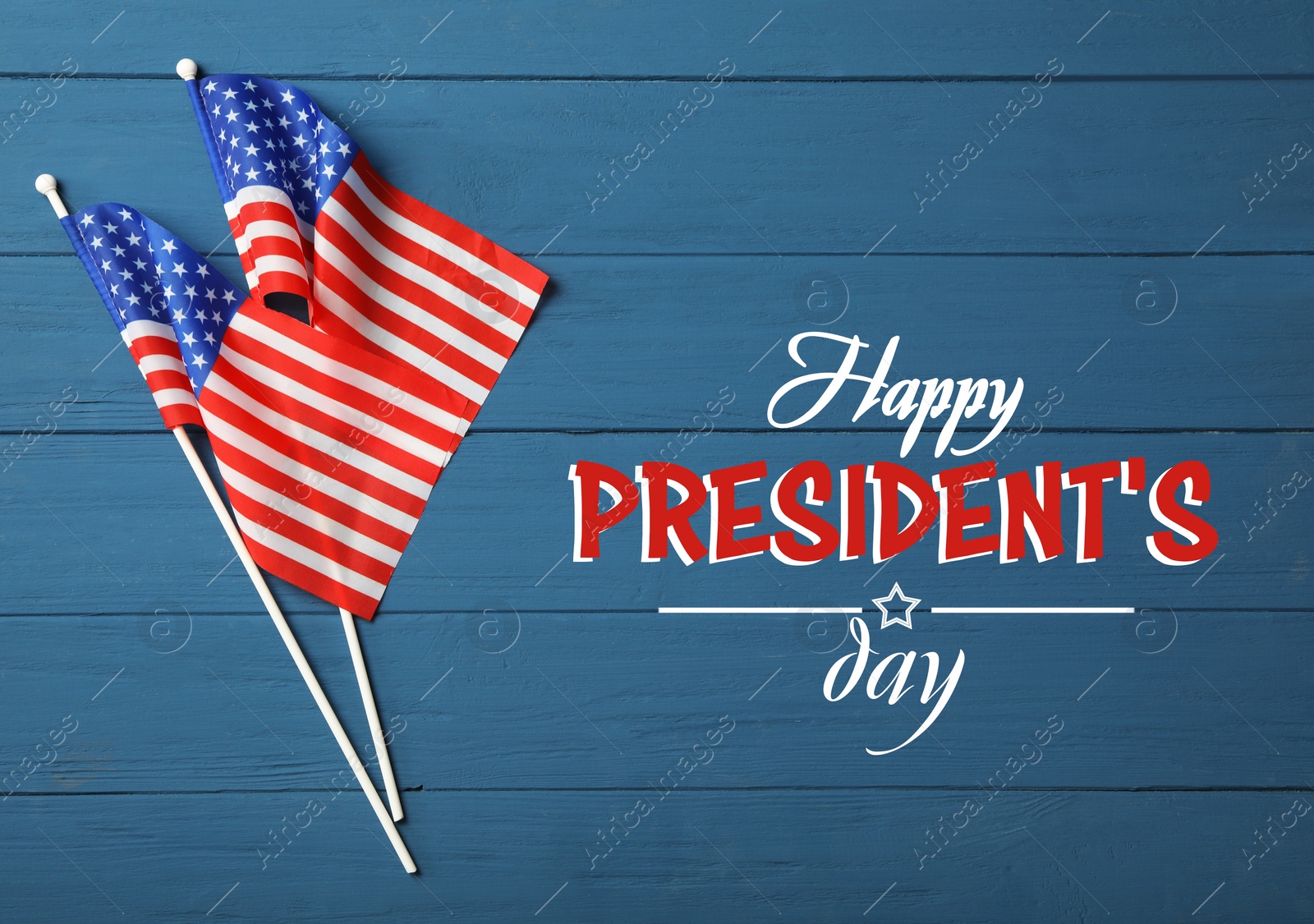 Image of Happy President's Day - federal holiday. American flags and text on blue wooden table, flat lay
