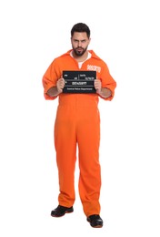 Angry prisoner with mugshot letter board on white background