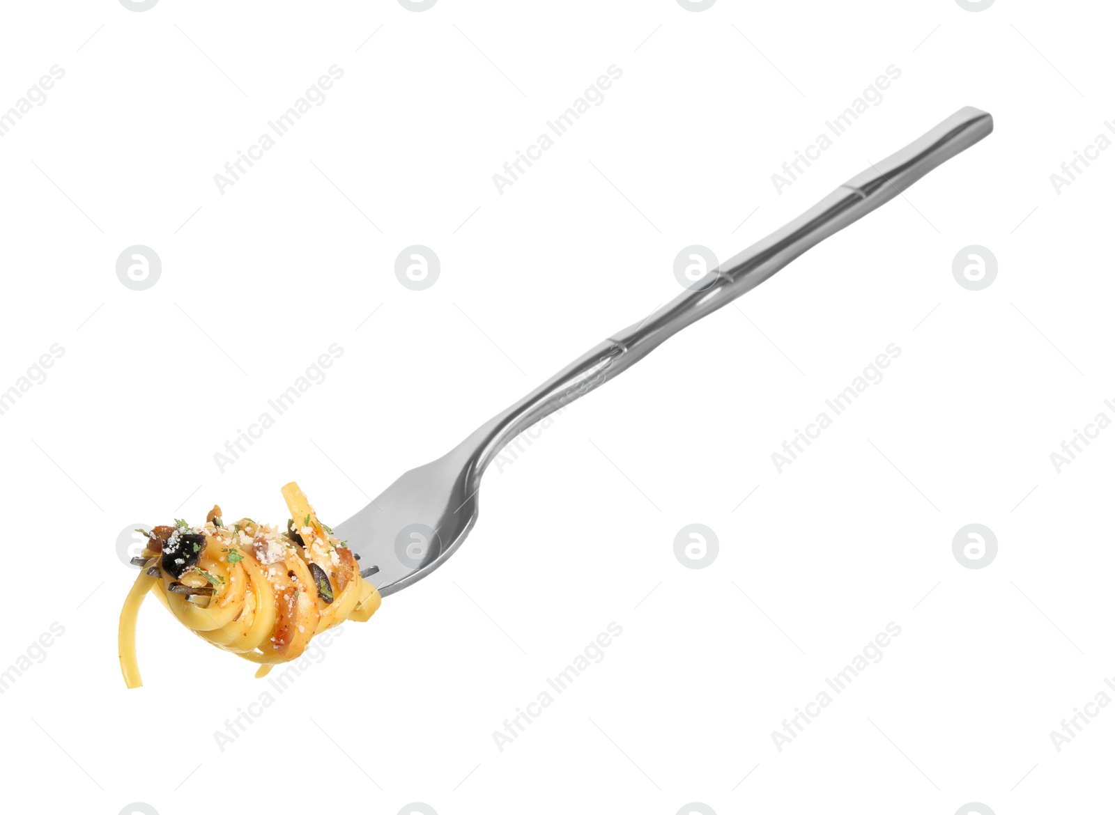 Photo of Fork with tasty pasta isolated on white