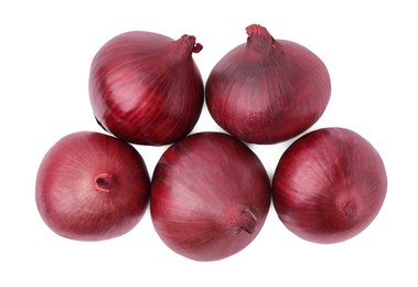 Many fresh red onions on white background, top view