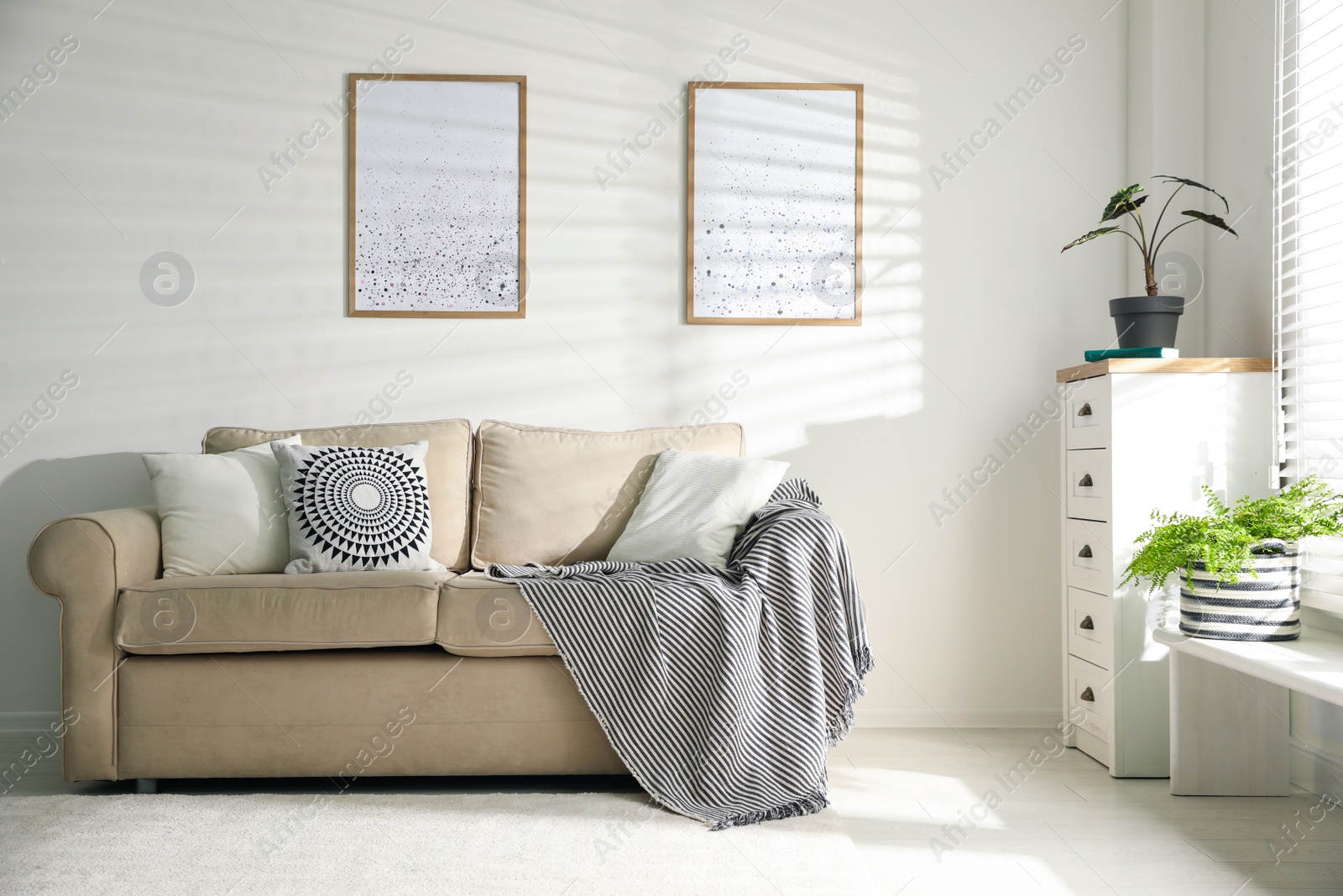 Photo of Stylish decorative pillows on beige couch indoors