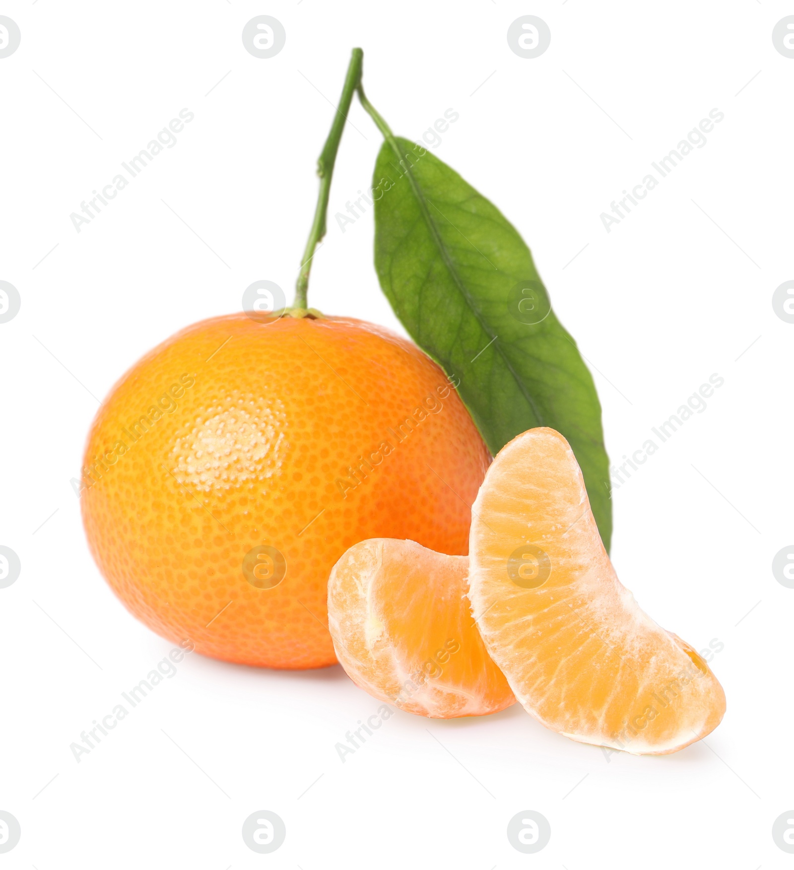 Photo of Fresh ripe juicy tangerines with green leaf isolated on white