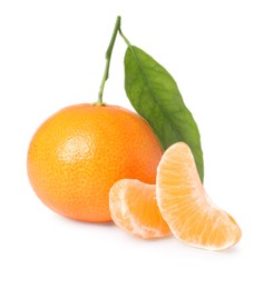 Photo of Fresh ripe juicy tangerines with green leaf isolated on white