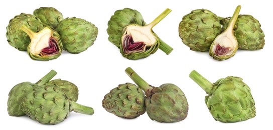 Image of Set with fresh raw artichokes on white background. Banner design 