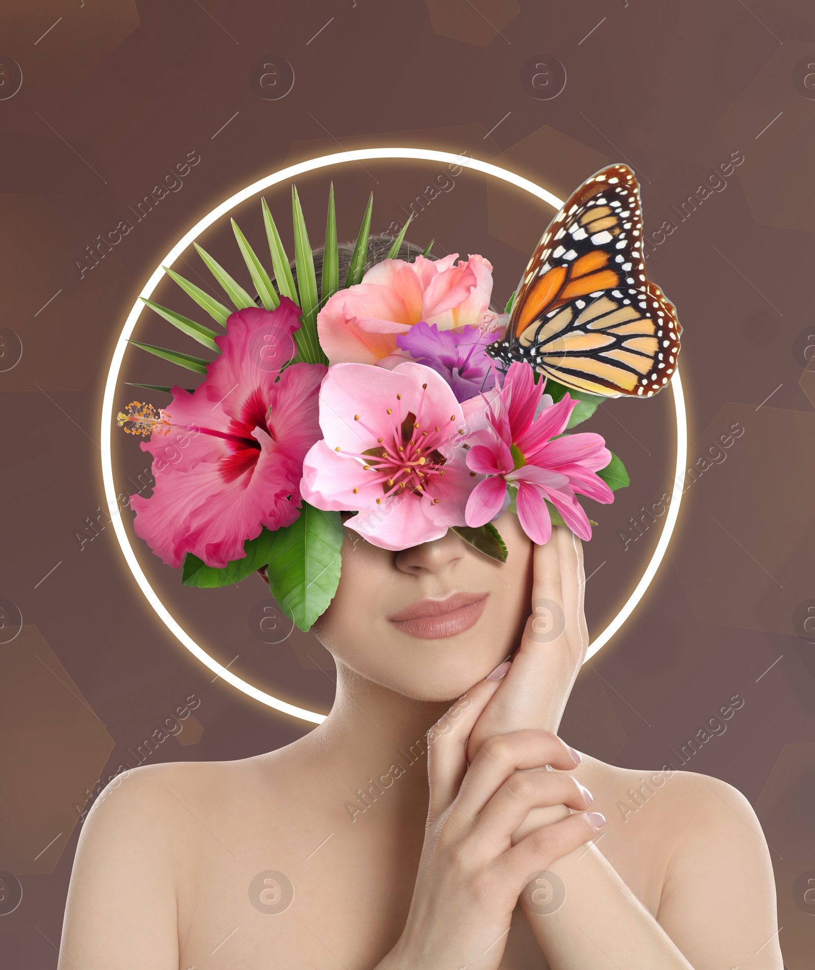 Image of Woman with beautiful flowers and butterfly on dark coral background. Stylish creative collage design