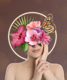 Image of Woman with beautiful flowers and butterfly on dark coral background. Stylish creative collage design