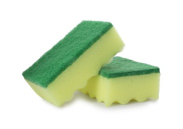 Photo of Yellow cleaning sponge with abrasive green scourers on white background