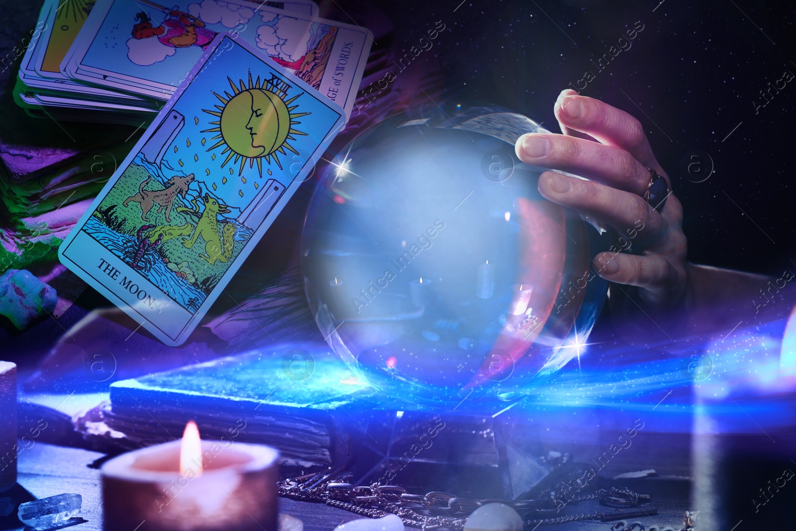 Image of Double exposure with tarot cards and photo of soothsayer using crystal ball