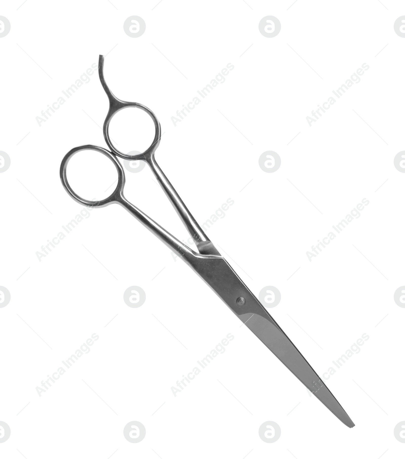 Photo of Pair of sharp hairdresser's scissors on white background