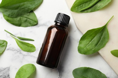 Photo of Bottle of broadleaf plantain extract and leaves on white marble table, flat lay