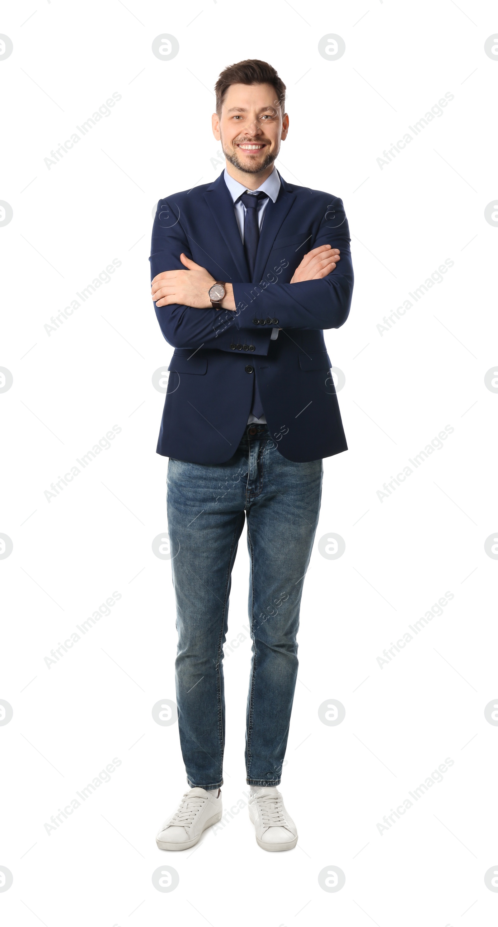 Photo of Full length portrait of businessman posing on white background