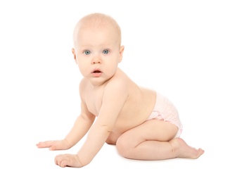 Photo of Cute little baby on white background. Crawling time