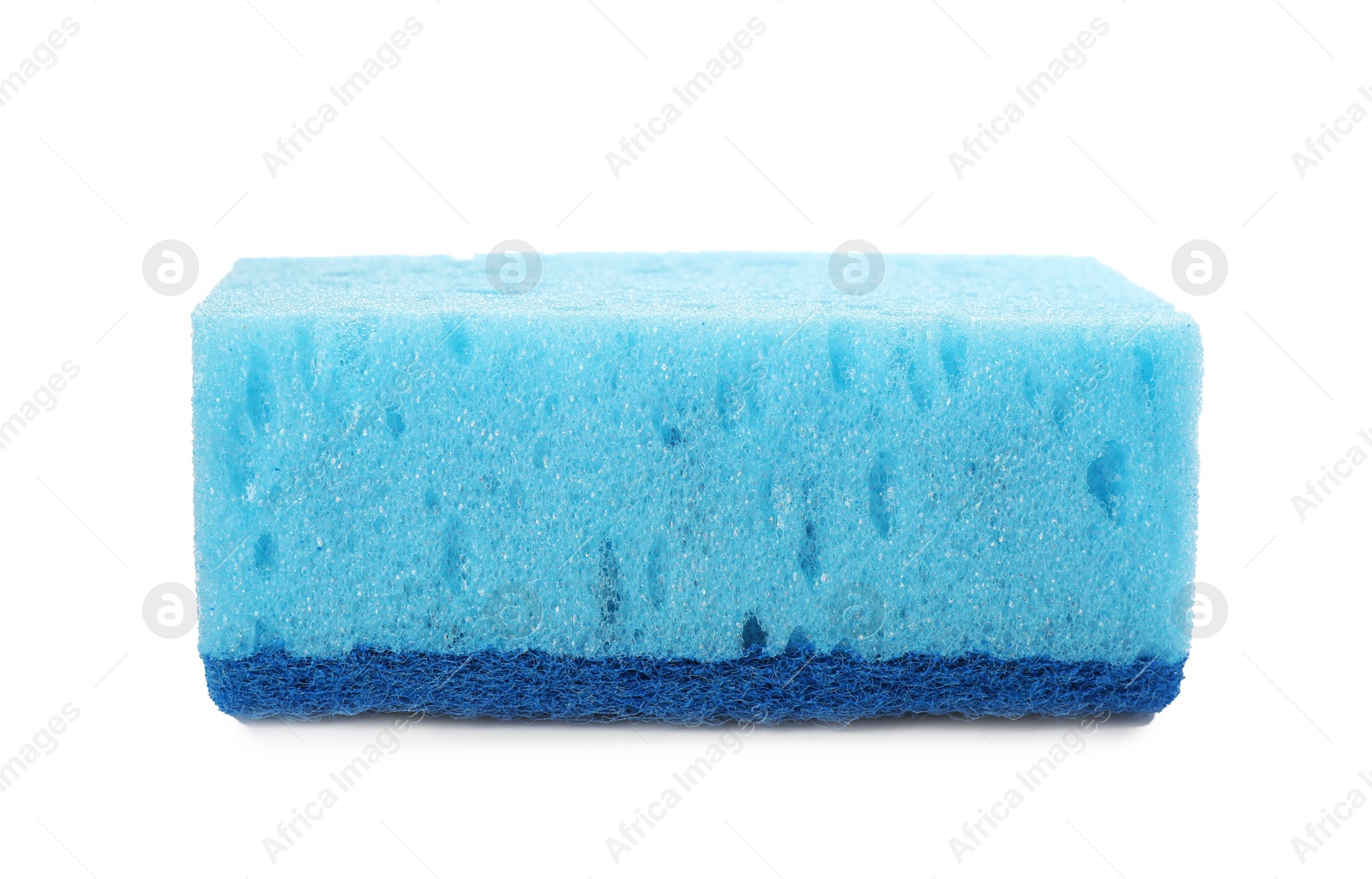 Photo of Light blue cleaning sponge with abrasive scourer isolated on white