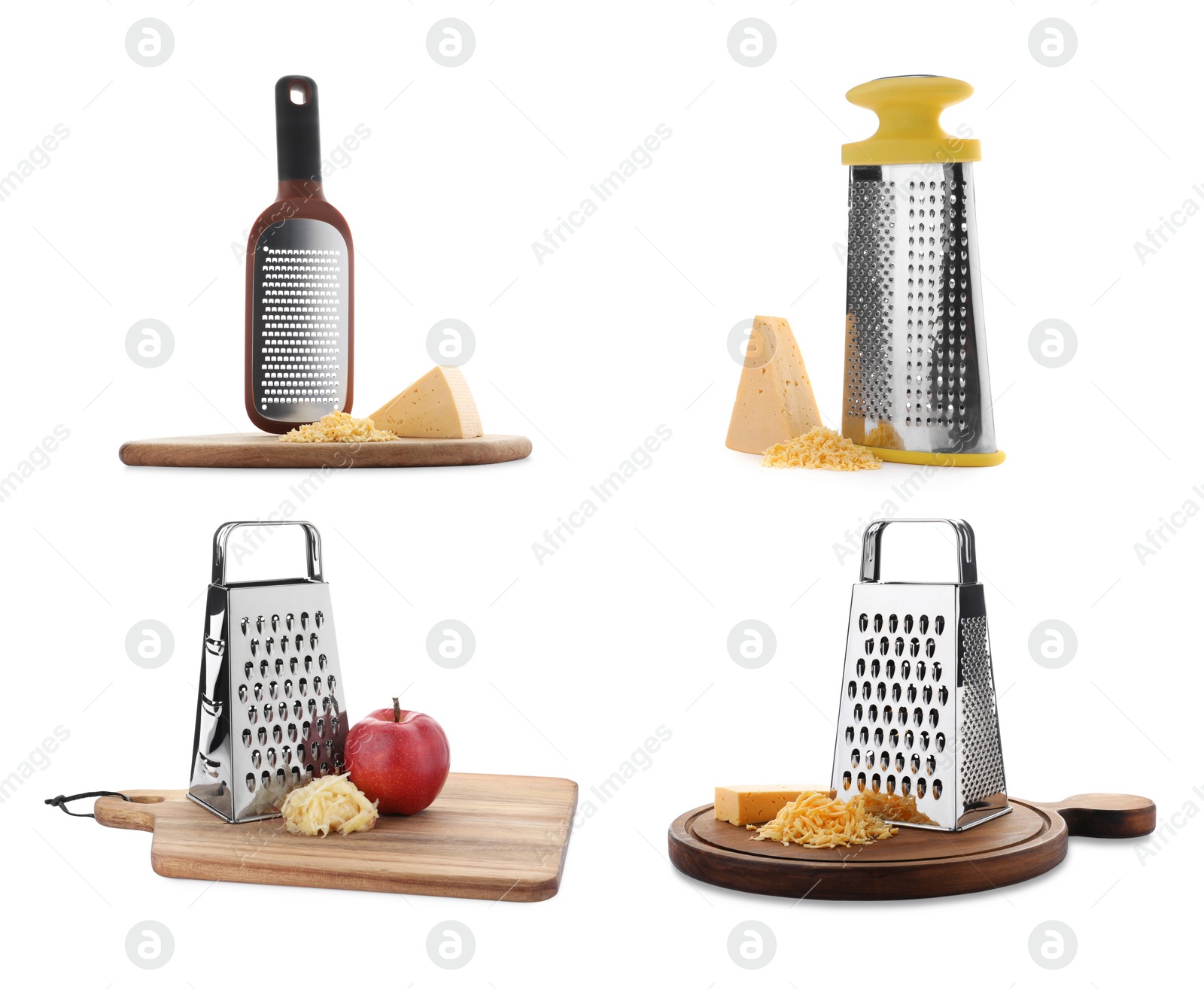 Image of Set with stainless steel graters and fresh products on white background 