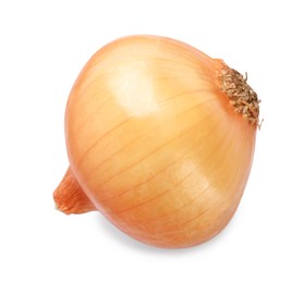 Photo of Fresh ripe onion bulb isolated on white, top view