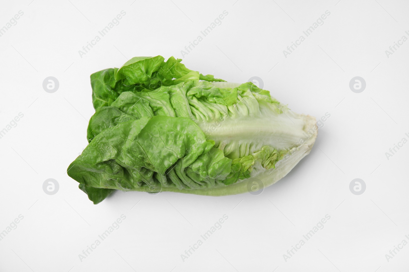 Photo of Fresh green romaine lettuce isolated on white, top view