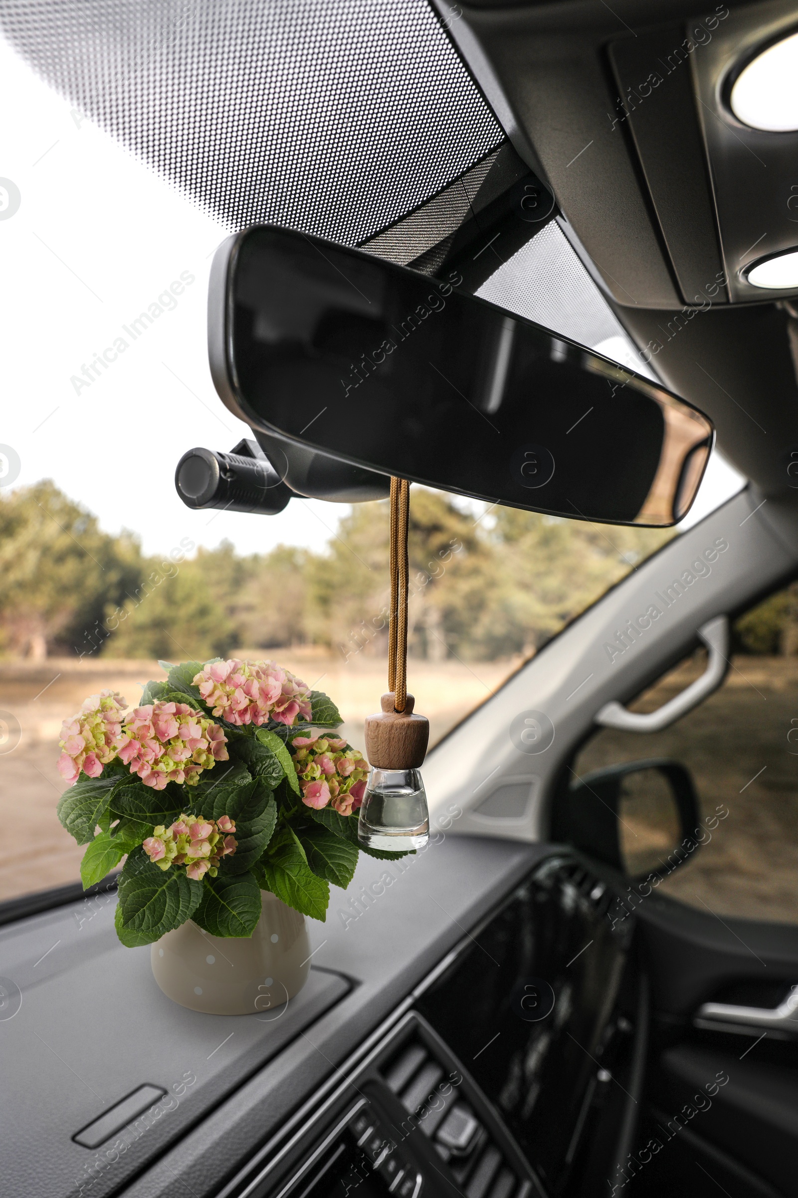 Image of Beautiful bouquet and air freshener hanging on rear view mirror in car