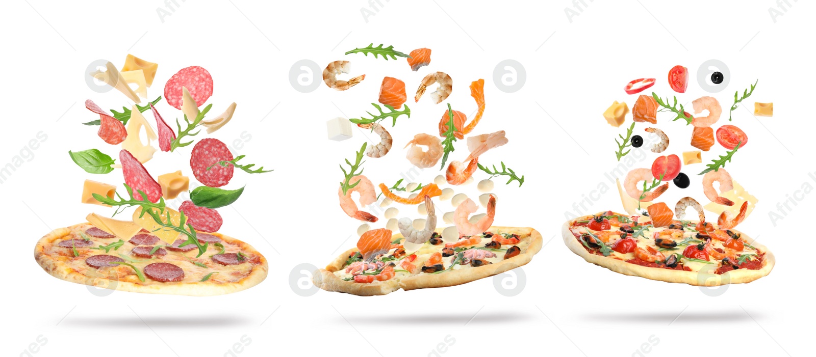 Image of Set with delicious pizzas and flying ingredients on white background, banner design 