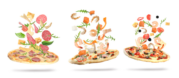 Set with delicious pizzas and flying ingredients on white background, banner design 