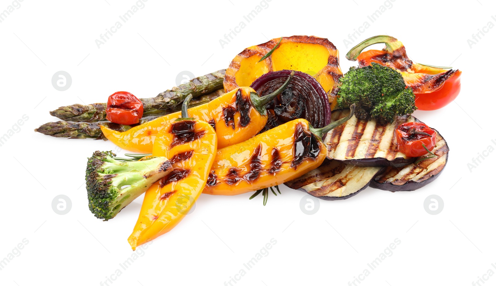 Photo of Different delicious grilled vegetables isolated on white