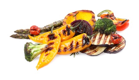 Different delicious grilled vegetables isolated on white