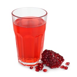 Photo of Refreshing pomegranate juice in glass and seeds isolated on white