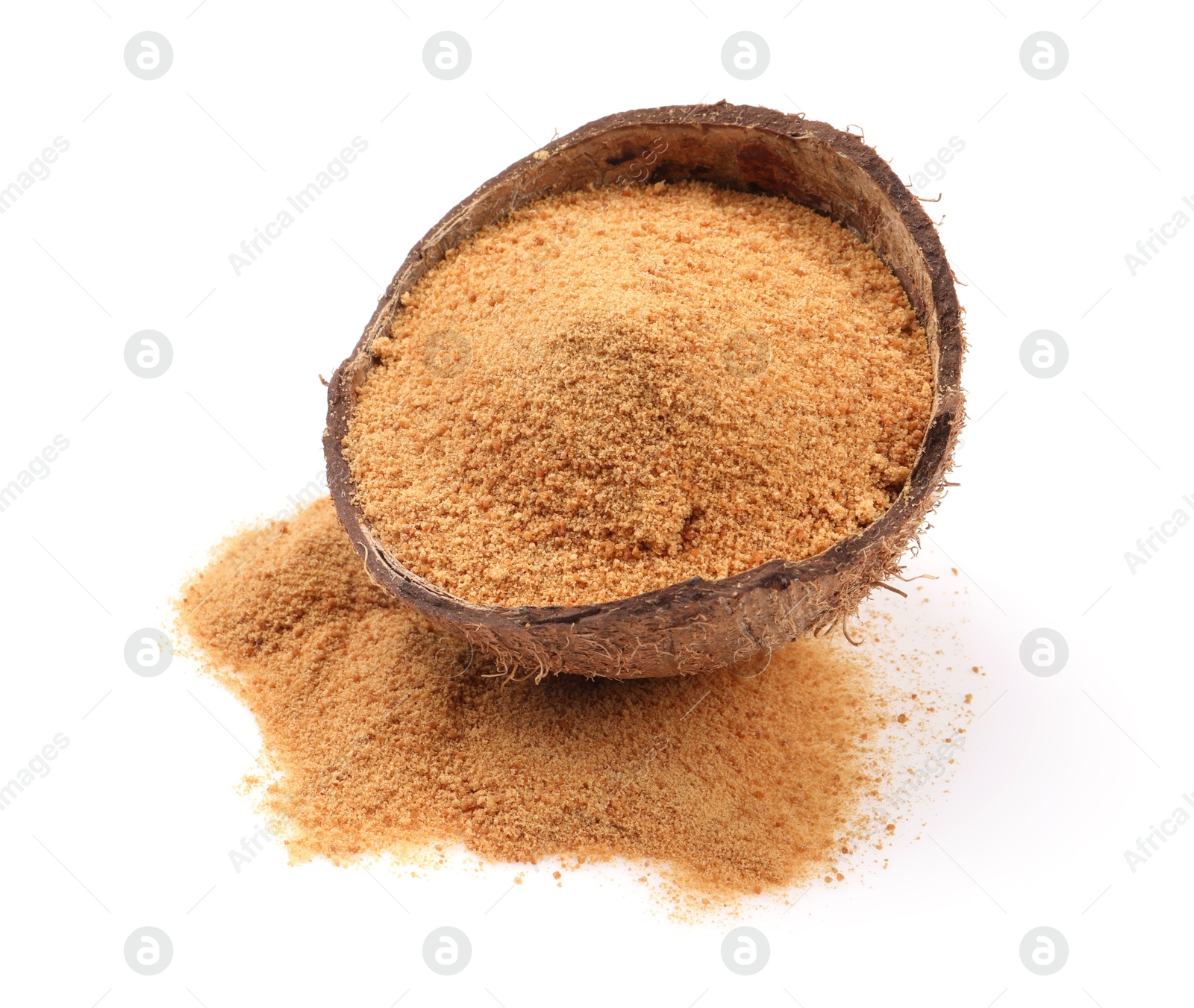 Photo of Coconut sugar and fruit isolated on white