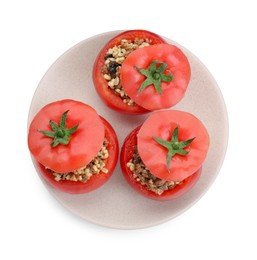 Delicious stuffed tomatoes with minced beef, bulgur and mushrooms isolated on white, top view