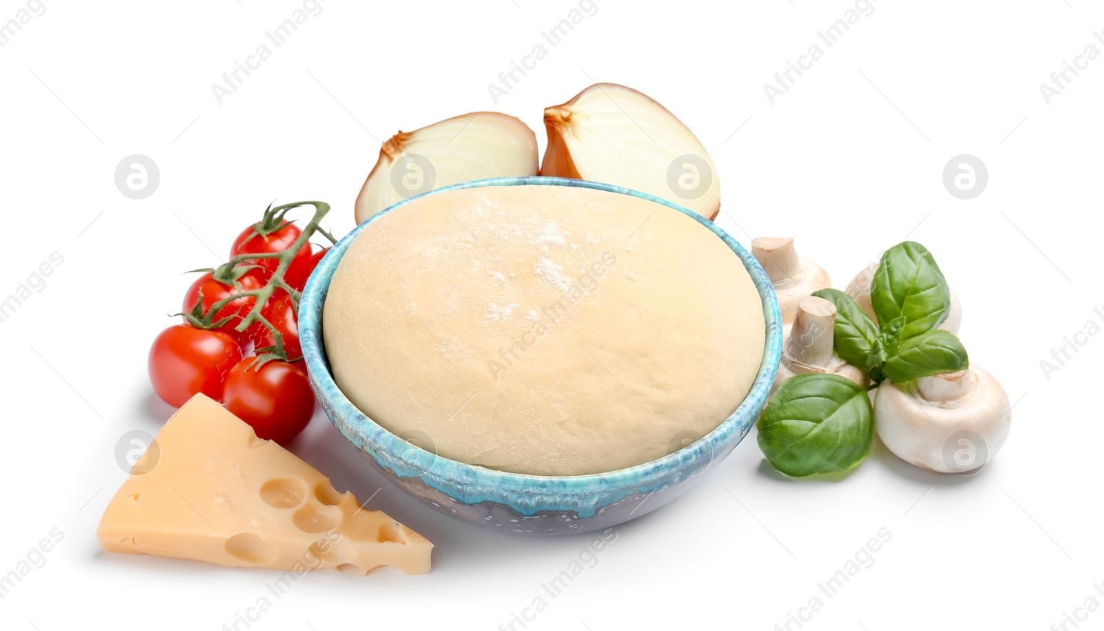 Photo of Ingredients for tasty pizza, isolated on white