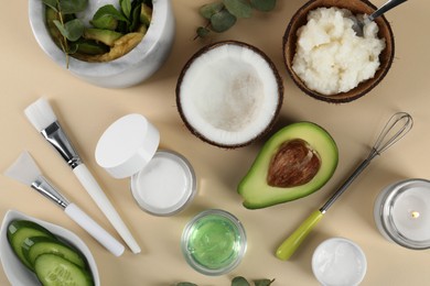 Photo of Flat lay composition with homemade cosmetic products and fresh ingredients on beige background. DIY beauty recipe