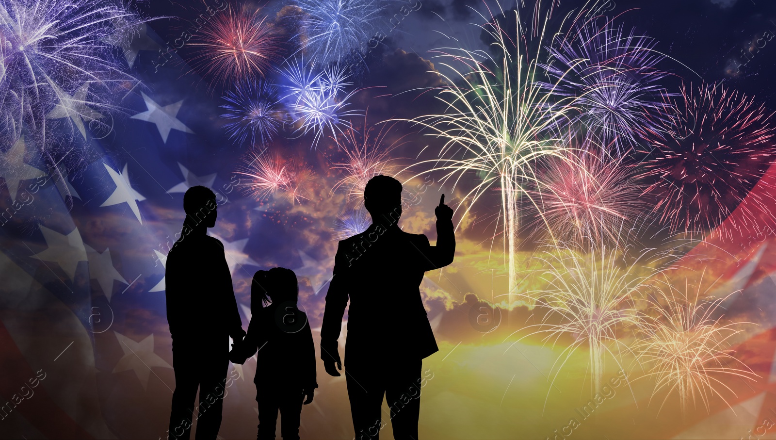 Image of 4th of July - Independence day of America. Family enjoying fireworks in sky. Double exposure with flag of United States