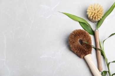 Photo of Cleaning brushes and plant on grey table, flat lay with space for text. Dish washing supplies