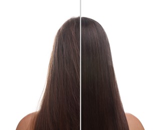 Image of Photo of woman divided into halves before and after hair treatment on white background