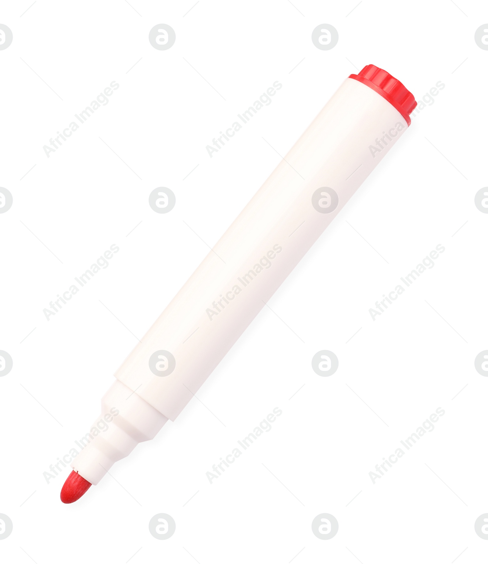 Photo of Bright red marker isolated on white, top view. School stationery