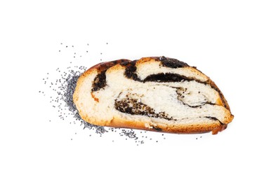 Photo of One piece of poppy seed roll isolated on white, top view. Tasty cake