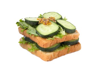 Photo of Tasty cucumber sandwiches with arugula and mustard isolated on white