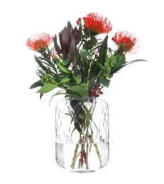Photo of Vase with bouquet of beautiful protea flowers on white background