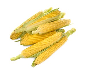 Photo of Tasty fresh corn cobs isolated on white, top view