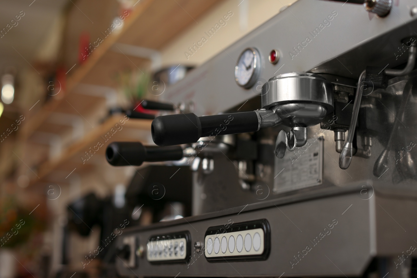 Photo of Modern electric coffee machine coffee machine with portafilters, closeup. Space for text