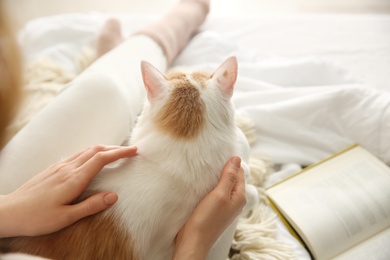 Photo of Woman with cute fluffy cat and book on bed, closeup
