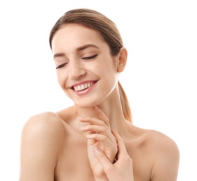 Photo of Beautiful young woman with silky skin on white background