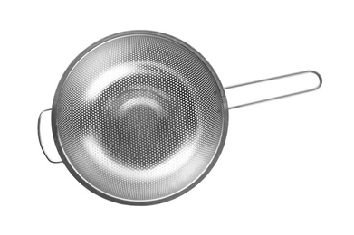 Photo of New clean sieve isolated on white, top view Cooking utensil