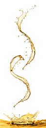 Image of Splashes of golden oily liquid on white background. Vertical banner design