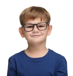 Photo of Little boy with glasses on white background