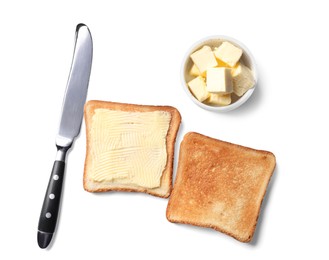 Photo of Tasty toasts with butter and knife on white background, top view