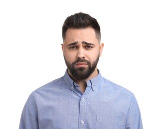 Photo of Portrait of sad man on white background